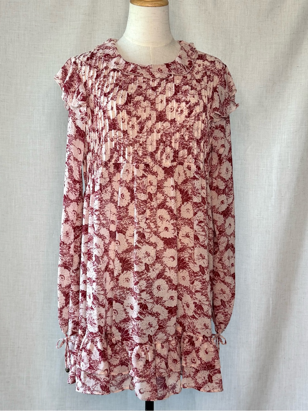 Free People These Dreams Mini Dress Tea Combo Floral Pleated Size S